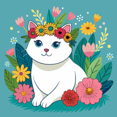 Sticker - cat with flower crown vector illustration