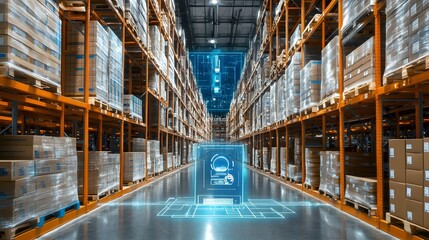 Wall Mural - Real Time Inventory Tracking with IoT Enabled Devices in Large Distribution Center  Automated inventory management system with sensors scanners and data analytics for optimizing supply chain