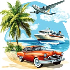 Vintage Car on Tropical Beach with Cruise Ship and Airplane Illustration