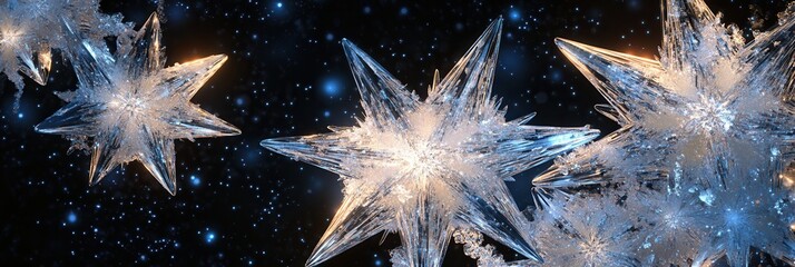 Poster - Icy crystals create beautiful traditional Christmas shapes, including stars and snowflakes, shimmering under a dark winter sky. Generative AI
