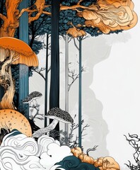 Wall Mural - A surreal forest scene featuring vibrant mushrooms, trees, and clouds in an artistic style.