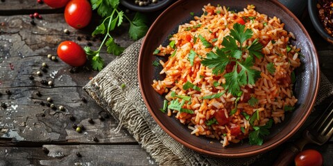 Poster - Delicious Greek Tomato Rice Pilaf Served with Long Grain Rice and Fresh Coriander on Rustic Pottery Plate