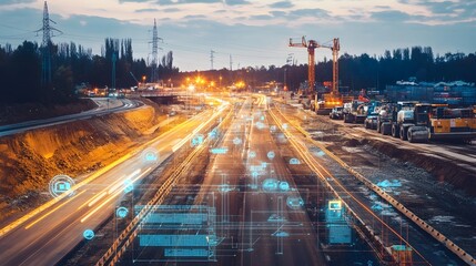 Wall Mural - real time iot data monitoring at road construction site with copy space for text or graphic overlay 