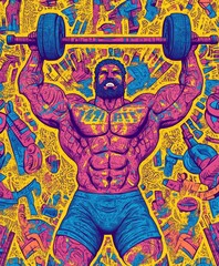 Poster - A vibrant illustration of a muscular man lifting weights, surrounded by fitness-related elements.