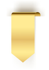 Wall Mural - gold ribbon vertical banner with curl vector illustration. Golden Sticker blank page curved glossy shiny, empty flip document cover, template design element isolated on white background.