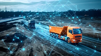 Wall Mural - photograph showcasing iot powered fleet management solution in action at a busy road construction si