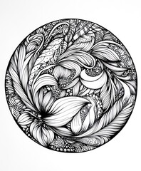 Canvas Print - A detailed black and white floral illustration featuring intricate patterns and shapes.