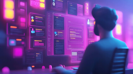 A focused individual working on a modern computer interface with vibrant colors and digital elements in a tech-inspired setting.