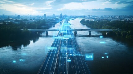 Wall Mural - cutting edge bridge construction site equipped with real time data visualization and analytics power