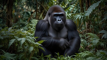 Wall Mural - A full body shot of a gorilla sitting among thick foliage in a dense jungle, its powerful arms resting on its knees.The intensity in its eyes capture both its strength and intelligence.