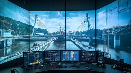 Wall Mural - iot powered control room overseeing futuristic bridge construction over a river advanced infrastruct