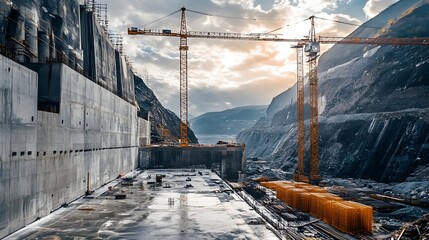 Wall Mural - photograph showcasing smart sensors embedded in the concrete of a dam under construction enabling re