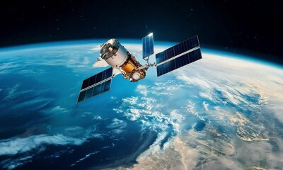 Wall Mural - A lone satellite travels through space with the beautiful Earth in the background.
