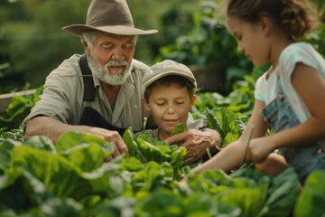 A man surrounded by two children in a peaceful garden setting, suitable for family or nature-related themes