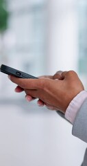 Canvas Print - Phone, hands and businesswoman in office with email for legal client feedback, communication or review. Scroll, reading and female advocate with online evidence for law case at corporate firm.