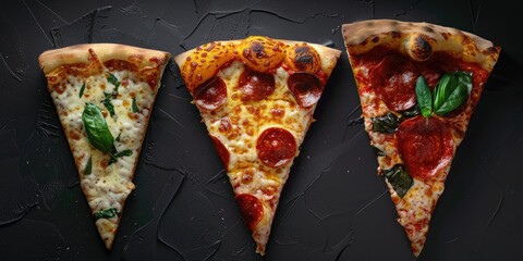 Wall Mural - Top View of Three Delicious and Hot Pizza Slices