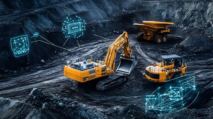 Wall Mural - automated internet of things iot devices monitoring and controlling heavy mining machinery at an exc