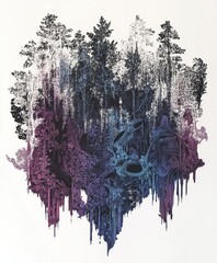 Wall Mural - A vibrant, surreal forest landscape with intricate details and a gradient color scheme.