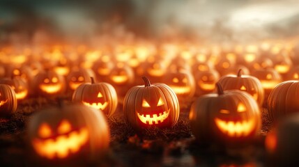 A vibrant Halloween scene with glowing jack-o'-lanterns illuminating a dark, misty landscape, creating a festive atmosphere.