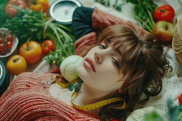 A woman lying on a bed with a measuring tape around her neck, ready to be fitted for clothing