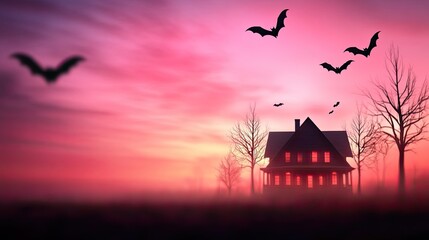 Eerie silhouette of a haunted house surrounded by flying bats and fog against a colorful sunset sky.