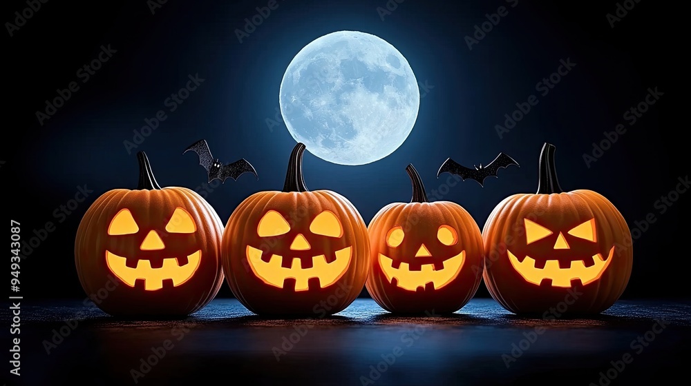 Four glowing Halloween pumpkins with spooky faces under a full moon ...