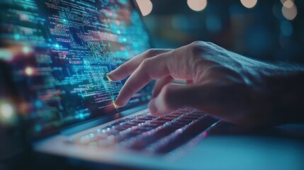 Close-up of a Hand Typing on a Laptop with Code on the Screen