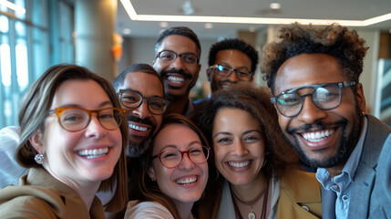 Wall Mural - A group selfie captures the unified grins of a multicultural team of clerks, economists, business leaders, and lawyers, showcasing the vibrant tapestry of their diverse cultural identities.