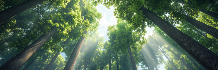 Lush green trees tower above, with sunlight filtering through leaves, creating serene and peaceful atmosphere in forest.