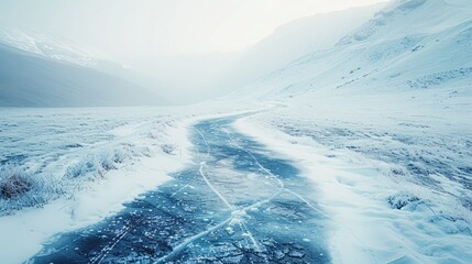 Solitary icy pathway meandering through a frosty mountain terrain on a chilly winter s day