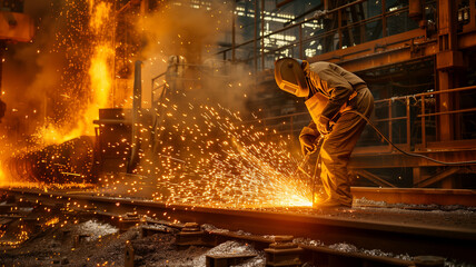 a man is working on a train track with sparks flying