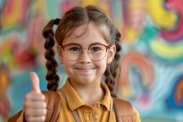 A young girl wearing glasses and a yellow shirt is giving a thumbs up