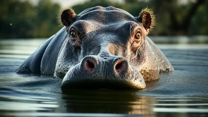 a close encounter with a hippo in its natural habitat at a serene water body during the golden hour