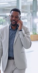 Canvas Print - Office, walking and black man with phone call for talking, networking and negotiation with client. Career, sales person and communication with mobile for deal, agreement and business with contact