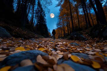 Wall Mural - Hunting Forest under a full moon, captured in a photo where the silver light creates eerie shadows and highlights the contours of the landscape