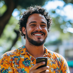 A man with a beard and curly hair is smiling and holding a cell phone