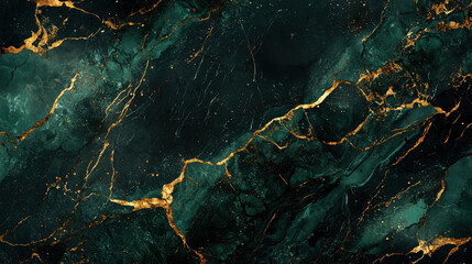 A marble background with deep, rich veins of emerald green and gold running through a smooth, polished black surface, creating a luxurious and opulent feel --ar 16:9 --q 2