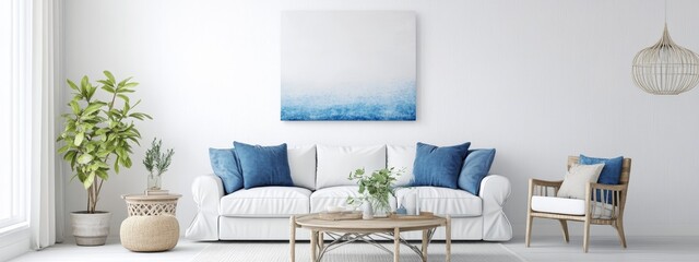 A white sofa with blue pillows, a coffee table, and a plant in a modern living room with a blue abstract painting on the wall.