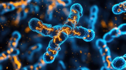 Wall Mural - Abstract chromosome structure with neon molecular models, set against a dark background, emphasizing the complexities of genetics.