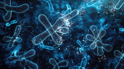 Wall Mural - Abstract depiction of chromosomes with chemical formulas, set against a dark, high-tech background, symbolizing genetic research.