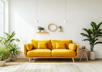 Poster - A modern living room with a yellow sofa, potted plants, and wooden shelves.