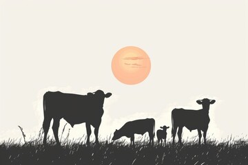 Poster - A group of cows peacefully grazing in a lush green meadow, perfect for rural or farm-related designs