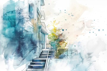 Sticker - Watercolor painting of a staircase leading up to a building