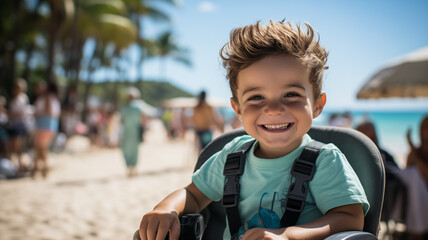 A young boy is smiling and sitting in a chair on a beach