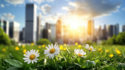 Sticker - A field of daisies in front of a city skyline