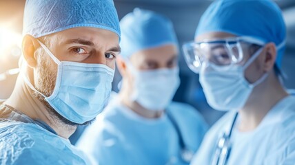 Poster - A group of surgeons wearing blue scrubs and masks are standing together