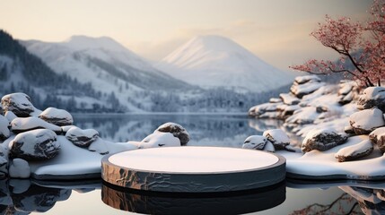 Sticker - podium product stand or display with rock, snow, sky background and cinematic light