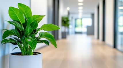 Wall Mural - A large plant is sitting in a white pot on a wooden floor