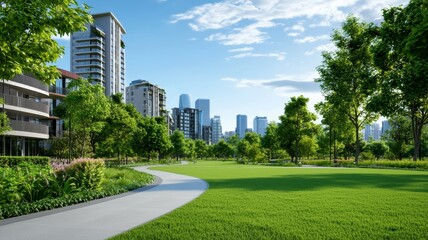 A city park with a path through it and a large building in the background