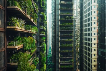 Wall Mural - Vertical farm integrated into a cityscape, with plants growing on the sides of buildings. The concept blends urban life with nature, Generative AI 